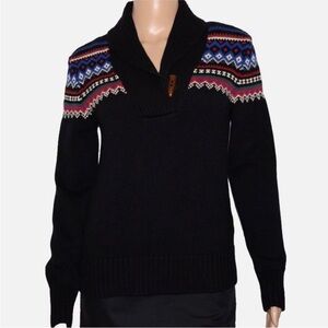 LAUREN RALPH LAUREN Black Multicolor Fair Isle Nordic Shawl Collar Sweater Sz M